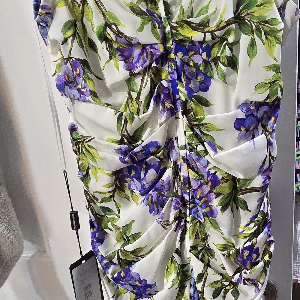 NWT - Dolce & Gabbana Wisteria Ruched Dress in White & Lavender - SIZE 48 - Picture 5 of 15